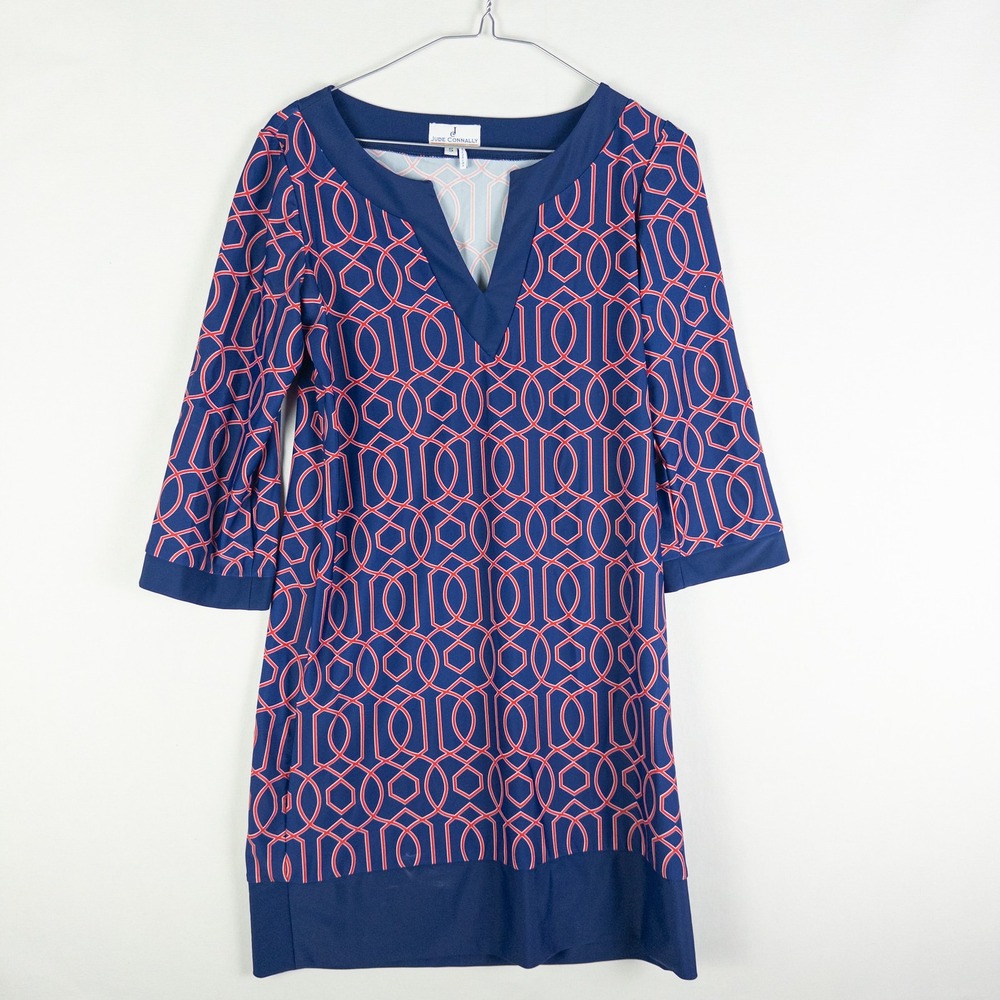 Jude Connally Shift Dress Womens S Navy Blue Geometric Print 3/4 Sleeve Preppy R